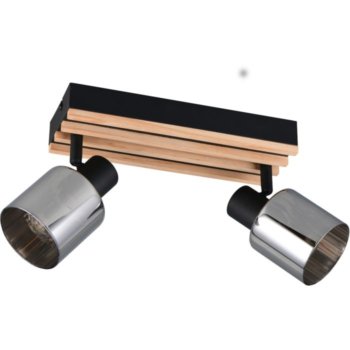 Reality Travia zwarte plafondspot van 26 cm lang met zwarte plafondbalk met vier houten latjes en twee spots met rookglazen kapje