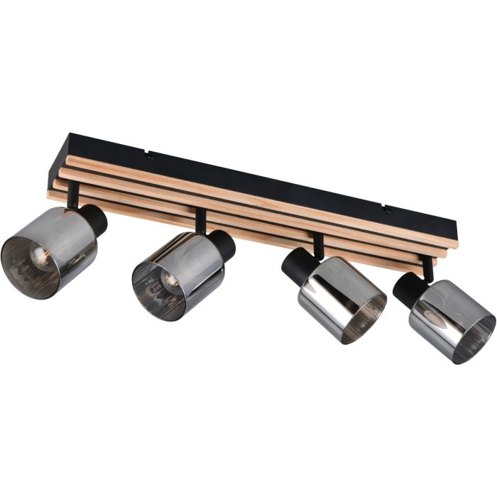 Reality Travia zwarte plafondspot van 50 cm lang met zwarte plafondbalk met vier houten latjes en vier spots met rookglazen kapje