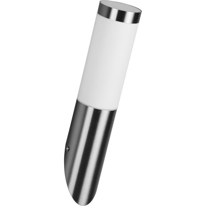 Trio Trioto staalkleurige cilindervormige wandlamp voor buiten van 39cm hoog met wit kunststof kap