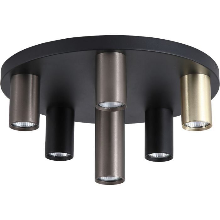 Searchlight Tubes 50570-6BK zwarte plafondplaat van 40cm met zes tubes van verschillende hoogten in messing zwart en brons met GU10 lamp