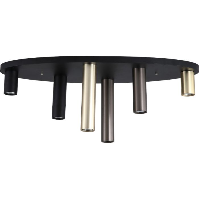 Searchlight Tubes 50570-6BK zwarte ovale plafondplaat van 80cm met zes tubes van verschillende hoogten in messing zwart en brons met GU10 lamp