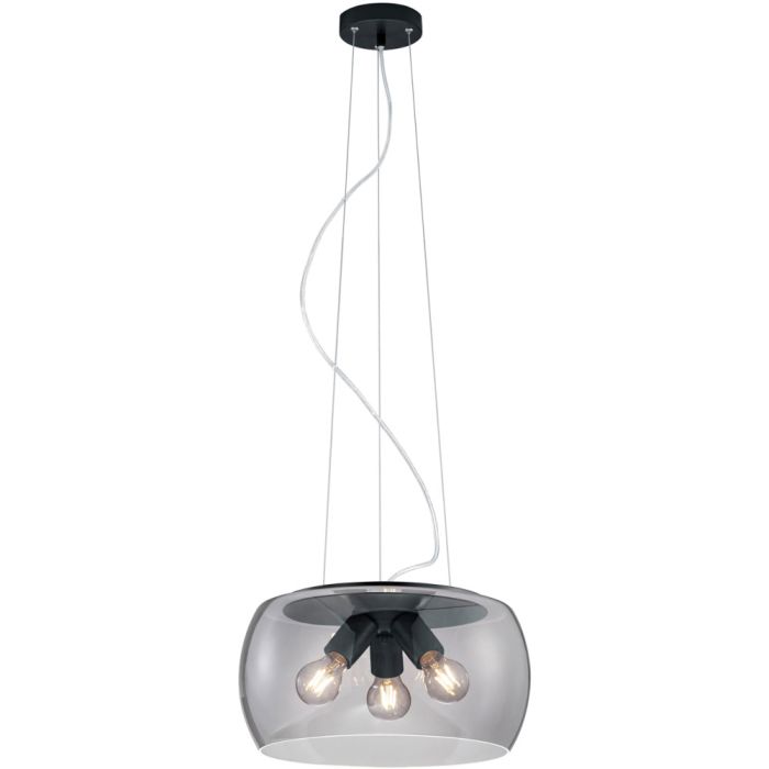 Trio Valente 300600342 zwarte hanglamp met drie ophangkabels en een ronde rookglazen kap met drie E27 fittingen