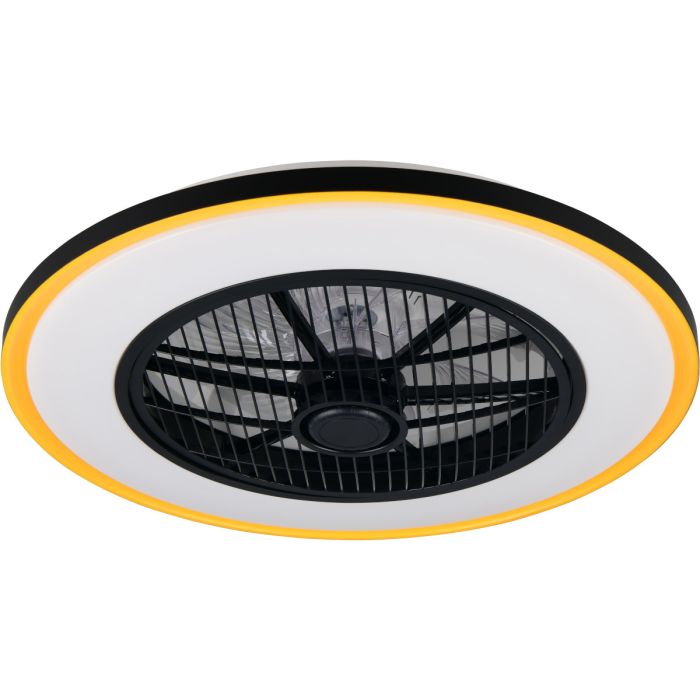 Reality Varpula zwarte plafondventilator met geel randje en LED in een rand van 55 cm rond een transparant kunststof zeven armige ventilator met zwart rooster ervoor