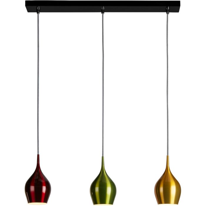 Searchlight Vibrant 6463-3 hanglamp van 71cm lang met zwarte plafondbalk en drie aluminium kappen in glanzend rood, groen en goudkleur