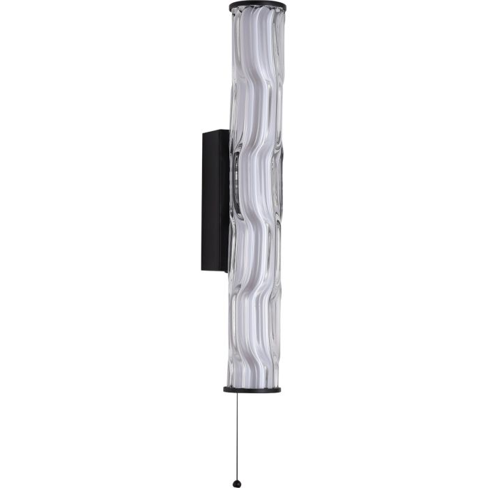 Searchlight Vibrate 43cm hoge zwarte buisvormige spiegellamp met trekschakelaar en witte binnenbuis en helder glazen buitenbuis met structuur