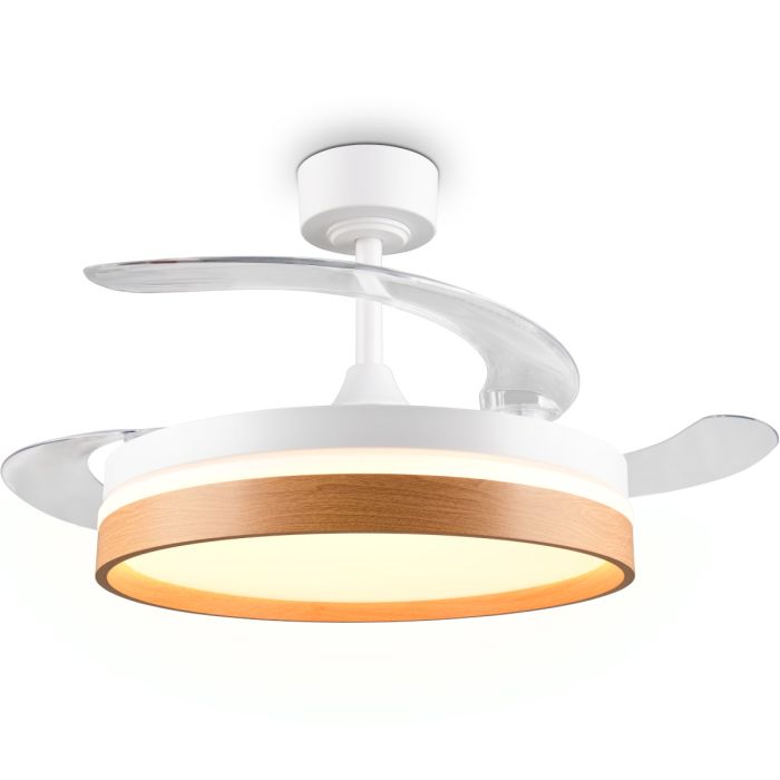 Reality Volda witte plafondventilator van 106 cm in diameter met uitgeklapte wieken en witte LED unit met houten rand in het midden