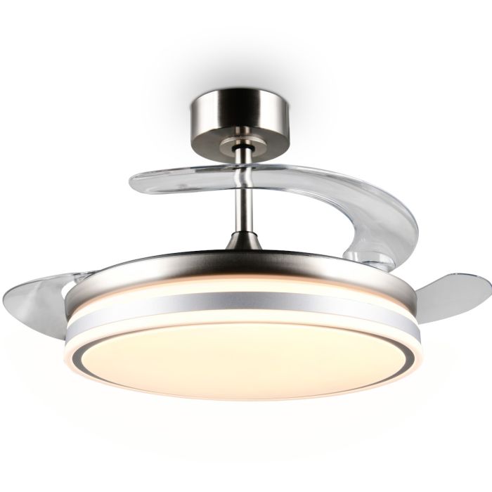 Reality Volda staal kleurige plafondventilator van 106 cm in diameter met uitgeklapte wieken en witte LED unit in het midden