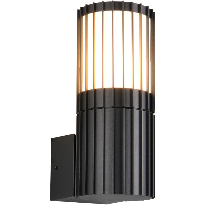 Trio Volga antraciet grijze wandlamp voor buiten met staande lantaarn van 20cm hoog met verticale lamellen langs de lantaarn