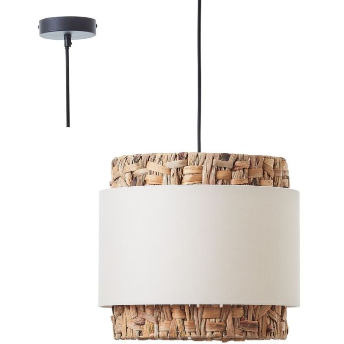 Brilliant Waterlilly 99826/09 hanglamp met zwarte pendel en ronde kap van waterhyacint met een band van wit textiel