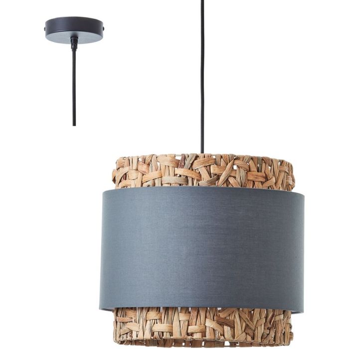 Brilliant Waterlilly 99826/22 hanglamp met zwarte pendel en ronde kap van waterhyacint met een band van grijs textiel