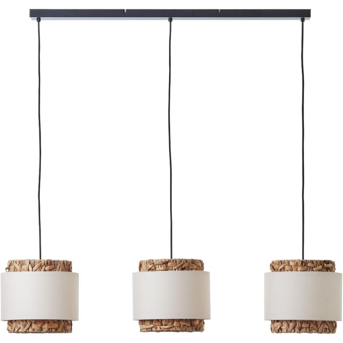 Brilliant Waterlilly 99827/09 hanglamp met zwarte plafondbalk en drie ronde kappen van waterhyacint met een band van wit textiel