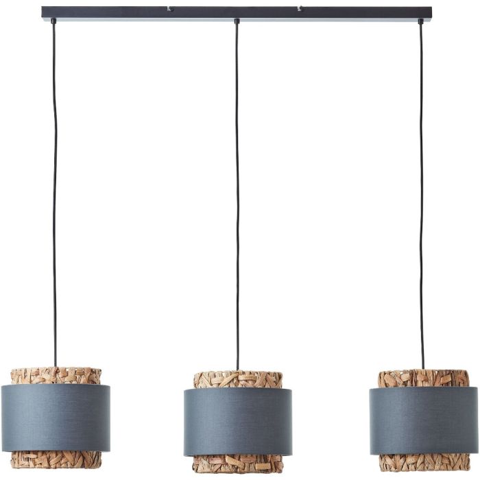 Brilliant Waterlilly 99827/22 hanglamp met zwarte plafondbalk en drie ronde kappen van waterhyacint met een band van grijs textiel