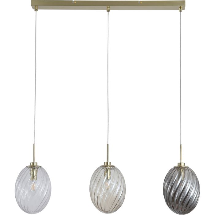 Searchlight Whirl 24141-3SB hanglamp met mat messing plafondbalk en drie pendels met ovaal gedraaid glazen kappen in helder, amber en rookglas