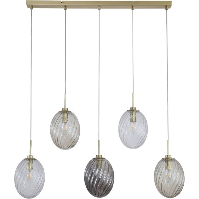 Searchlight Whirl 24141-5SB hanglamp met mat messing plafondbalk en vijf pendels met ovaal gedraaid glazen kappen in helder, amber en rookglas