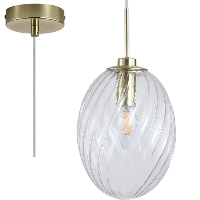 Searchlight Whirl 24141CL mat messing hanglamp met gedraaid helder glazen kap