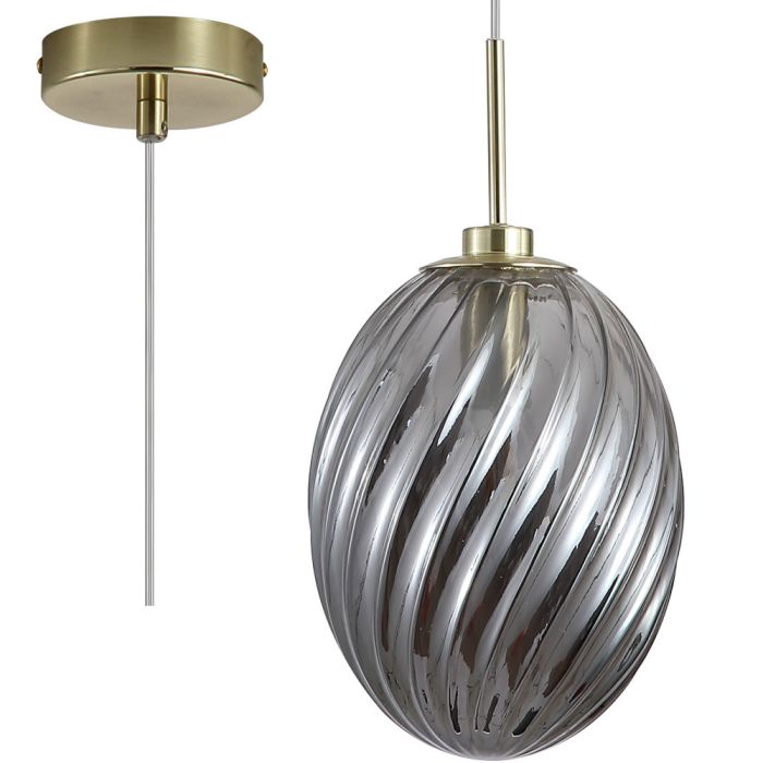 Searchlight Whirl 24141SM mat messing hanglamp met gedraaid rookglazen kap