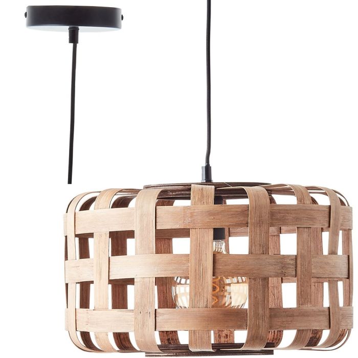Brilliant Woodline 99808/09 hanglamp met zwarte pendel en van dikke stroken bamboe gevlochten ronde kap