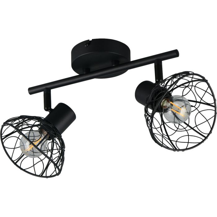 Casalum Yako zwarte plafondspot van 39,5 cm lang met twee spotjes met kapje van gevlochten metaaldraad