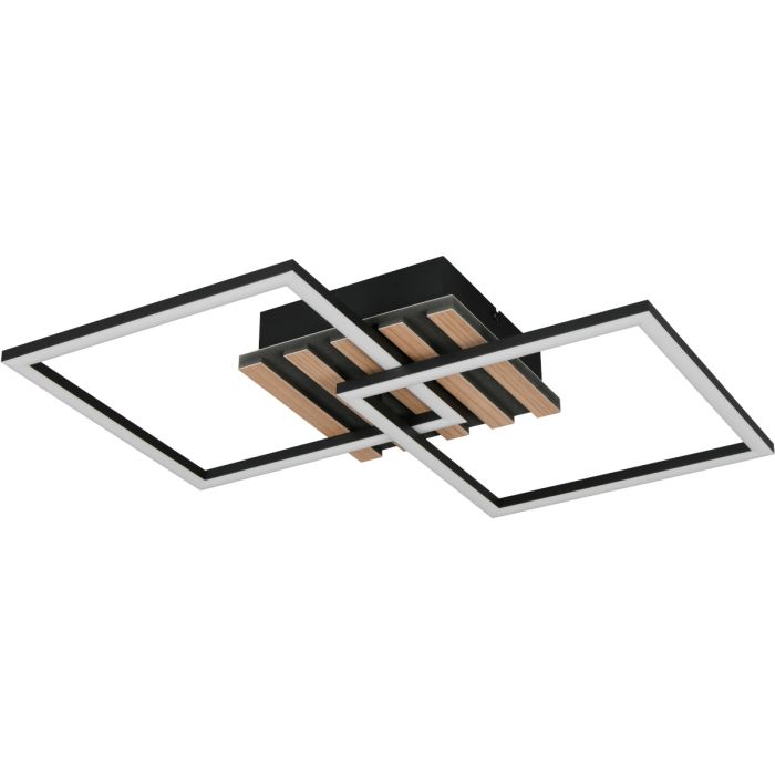 Reality Zaro zwarte plafondlamp van 59,5 cm lang met een vierkante plafondplaat met vijf houtkleurige balkjes en twee draaibare vierkante raamwerken met geïntegreerde LED