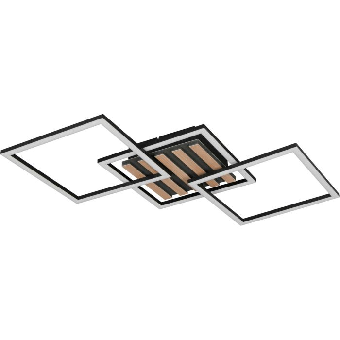 Reality Zaro zwarte plafondlamp van 73,5 cm lang met een vierkante plafondplaat met vijf houtkleurige balkjes en LED rand eromheen en twee draaibare vierkante raamwerken met geïntegreerde LED