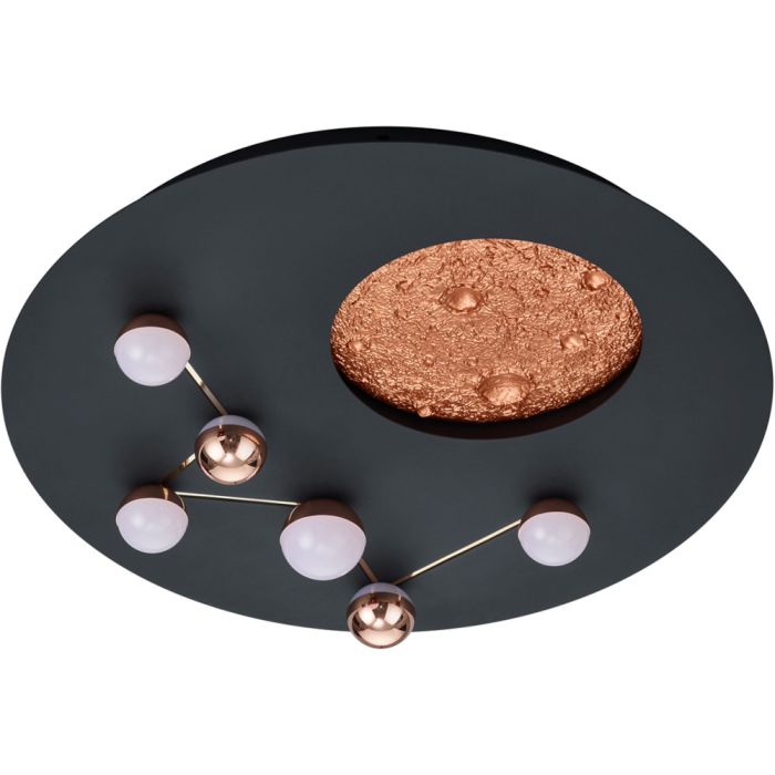 Trio Zodiac 644810132 zwarte plafondlamp met diverse LED bolletjes en een goudkleurige schijf
