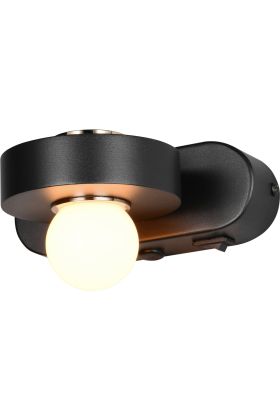 Trio Arpino zwarte wandlamp met ovale wandplaat van 15cm breed en schijfvormig element met wit glazen LED bol naar beneden en LED spot omhoog