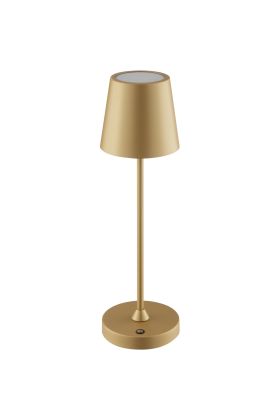 Brilliant Elora mat goud kleurige oplaadbare tafellamp voor buiten met kunststof bovenzijde voor licht naar boven en beneden met een hoogte van 37 cm en een diameter van 11 cm