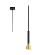 Searchlight Signal 13611-1BGO hanglamp met zwart plafondplaatje en een zwart buisvormige kap met een goudkleurig kegelvormig uiteinde