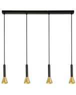 Searchlight Signal 13611-4BGO hanglamp met zwarte plafondbalk en vier pendels met zwart buisvormige kap met goud kleurig kegelvormig uiteinde