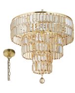 Searchlight Empire 1375-5SB messing hanglamp met drie kleiner wordende ringen van champagne kleurige kristallen staafjes en een kristallen druppel onderaan