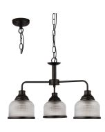 Searchlight Highworth 1683-3BK zwarte kroonluchter aan ketting met drie armen met elk een kapje van holofaan glas
