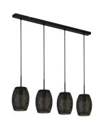 Searchlight Macbeth 19231-4BGO hanglamp met zwarte plafondbalk met vier pendels met elk een zwart met laser uitgesneden metalen kap