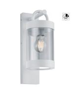Trio Sambesi 204160131 witte wandlamp voor buiten met een rechthoekige wandplaat en hangende cilindervormige kap met dag nacht sensor