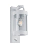 Trio Sambesi 204169131 witte wandlamp voor buiten met een rechthoekige wandplaat en hangende cilindervormige kap met bewegingsmelder