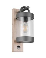 Trio Sambesi 204169135 antraciet grijze wandlamp voor buiten met een rechthoekige houtkleurige wandplaat en hangende cilindervormige kap met bewegingsmelder