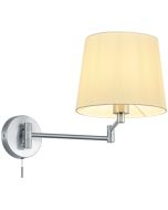 Trio Lyon 209100107 chromen wandlamp met zwenkarm en witte kap van textiel en trekschakelaar