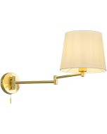 Trio Lyon 209100108 mat messing wandlamp met zwenkarm en witte kap van textiel en trekschakelaar