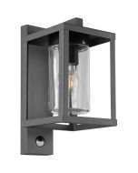 Trio Lunga 212069142 antracietgrijze buitenlamp met vierknte hangende lantaarn en helder cilindervormig glas met bewegingsmelder