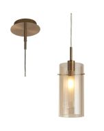 Searchlight Duo 2301CP brandende hanglamp met messing plafondplaat en pendel met dubbele kap van champagne en mat glas