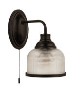 Searchlight Highworth 2671-1BK zwarte wandlamp met trekschakelaar en kapje van holofaan glas