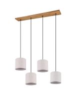 Trio Elmau 302100430 hanglamp met houten plafondbalk en vier ronde kapjes van wit textiel