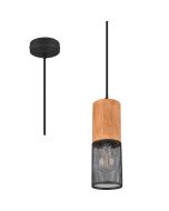 Trio Tosh 304300132 zwarte cilindervormige hanglamp met hout aan de bovenzijde en zwart gaas aan de onderzijde