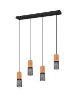 Trio Tosh 304300432 hanglamp met zwarte plafondbalk en vier cilindervormige kapjes met hout van boven en zwart gaas van onder
