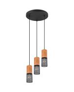 Trio Tosh 304330332 hanglamp met zwarte ronde plafondplaat en drie cilindervormige kapjes met hout van boven en zwart gaas van onder
