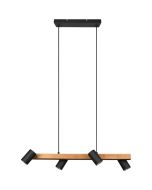 Trio Maerley 312490432 hanglamp met zwarte plafondbalk en houten balk met vier zwarte cilindervormige spots met GU10 lampje