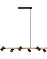 Trio Maerley 312490632 hanglamp met zwarte plafondbalk en houten balk met zes zwarte cilindervormige spots met GU10 lampje
