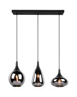 Trio Lumina 317000332 brandende hanglamp met zwarte plafondbalk en drie zwarte pendels met drie verschillend gevormde rookglazen kappen