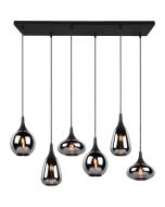 Trio Lumina 317000632 brandende hanglamp met brede zwarte plafondbalk en zes zwarte pendels in drie verschillend gevormde rookglazen kappen