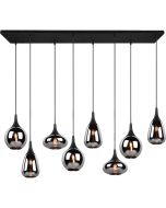 Trio Lumina 317000832 brandende hanglamp met brede zwarte plafondbalk en acht zwarte pendels in drie verschillend gevormde rookglazen kappen