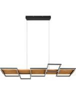 Trio Harper 322910532 hanglamp met zwarte plafondbalk en houten plank met zwarte vierkanten ramen eronder met geïntegreerde LED strips